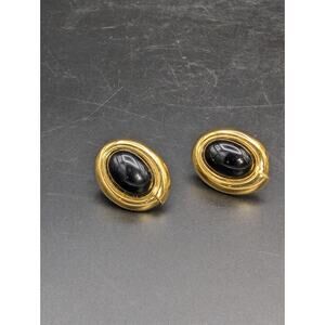 Vintage Monet Black Cabochon Oval Gold Tone Clip On Earrings